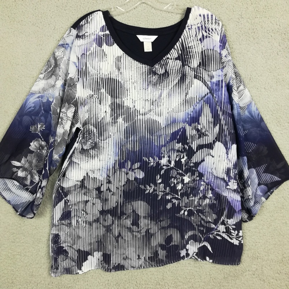 CJ Banks Womens Blouse Top‎ Crinkle Blue White Abstract 3/4 Sleeve Plus 1X